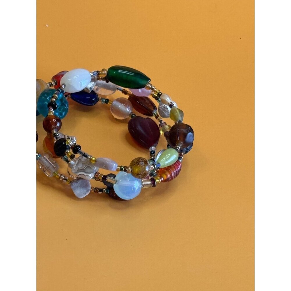 Vintage Art Glass & Gemstone Multi-Color Wrap Bracelet Boho Style - Picture 6 of 10